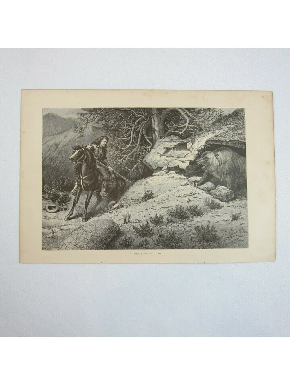 Antique 1874 Engraving Print A Bare Chance by W.M. Cary Aldine Western & Indian